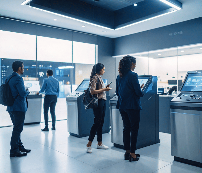 Les clients d'une banque se servant des guichets automatiques copient