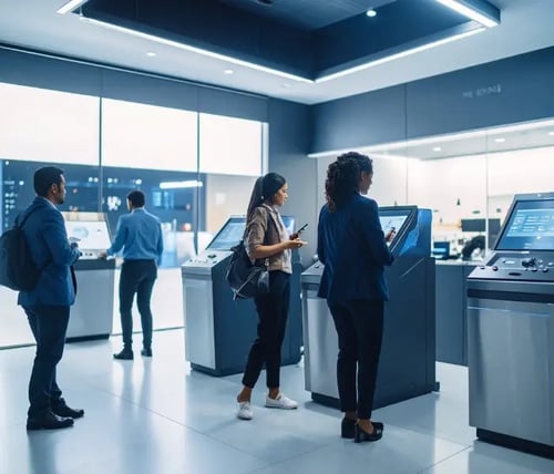 Des personnes dans une agence bancaire futuriste sans argent liquide
