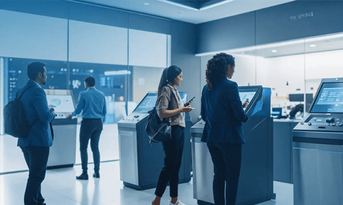 Une agence bancaire futuriste avec des machines en libre-service