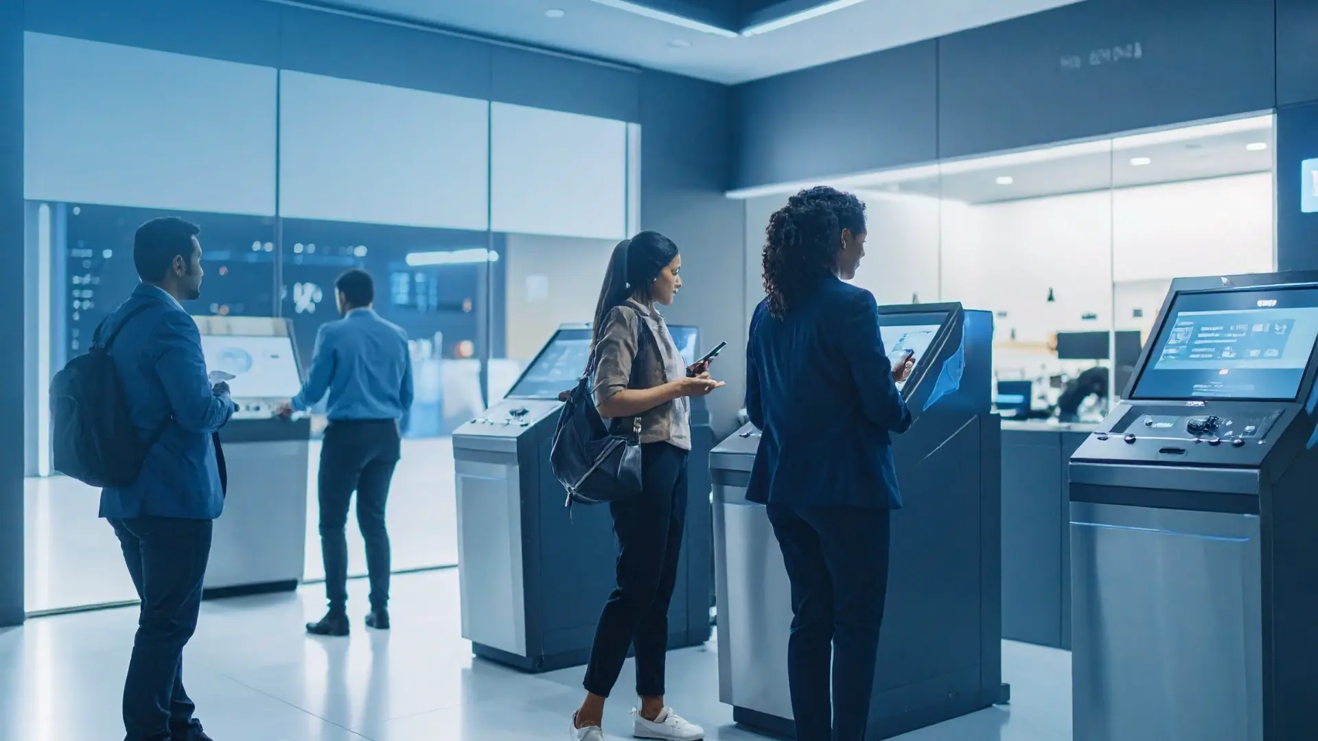 Kiosque de libre-service futuriste agence bancaire
