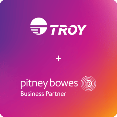 Logos TROY et Pitney Bowes sur fond rose 